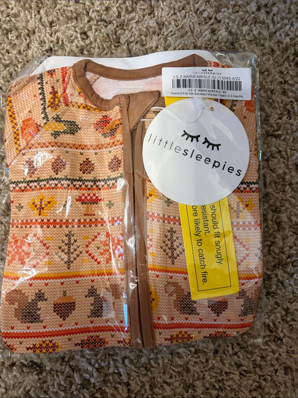 Little Sleepies Brown & Peach Harvest Fair Isle Zip Footie